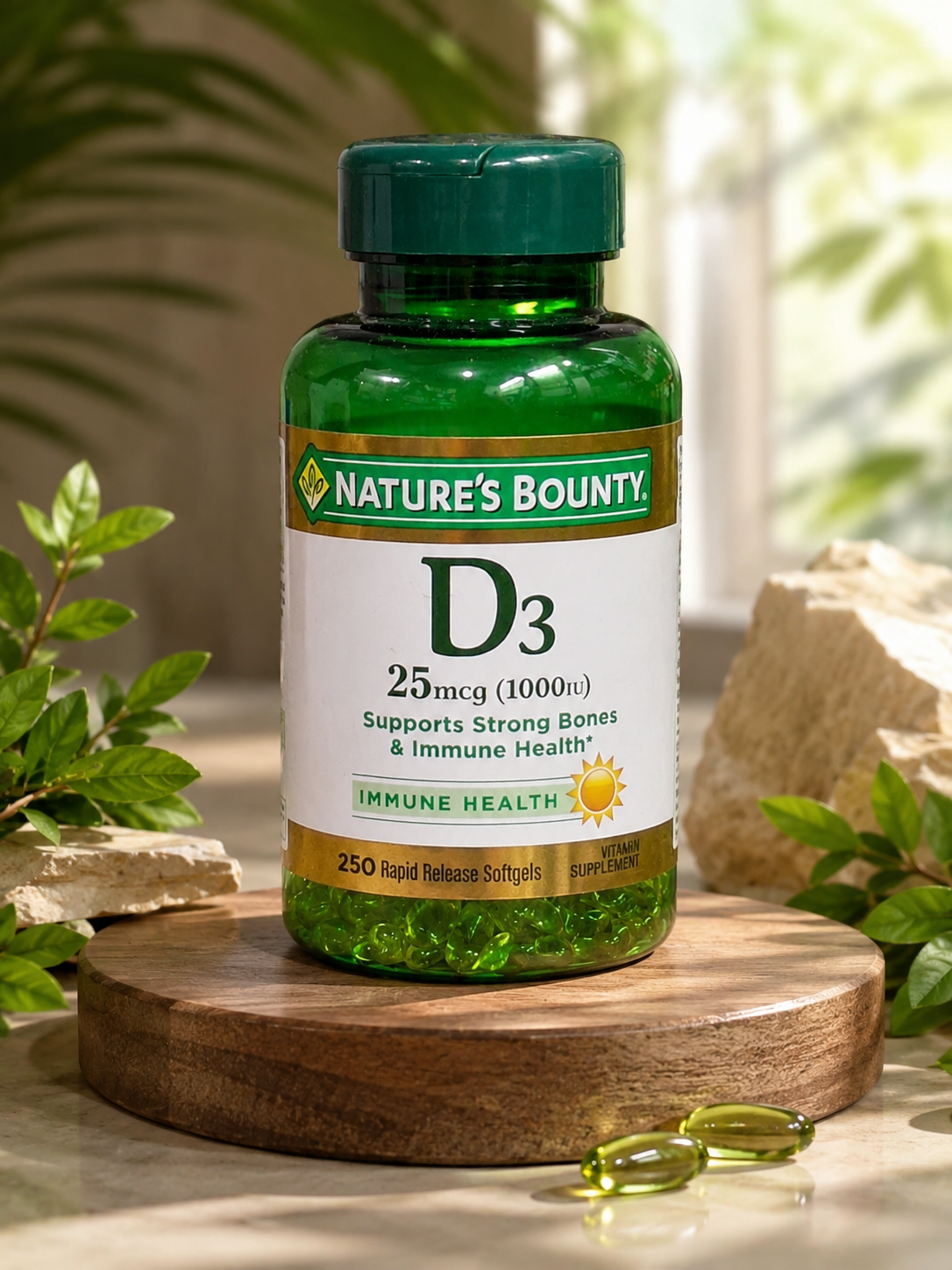 Nature's Bounty Vitamin D3 1000 IU (25mcg) – 250 Rapid Release Softgels  Supports Bone & Immune Health